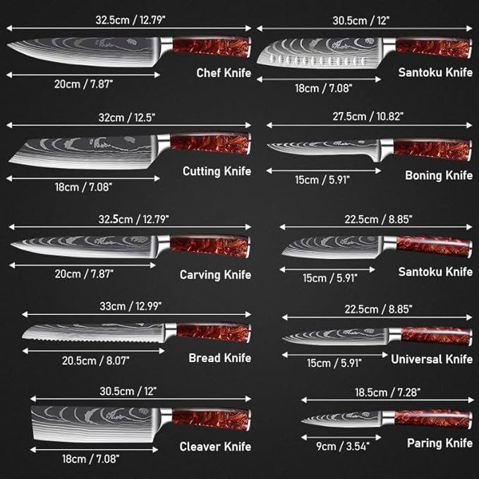 8-Piece Premium Japanese Kitchen Knife Set - Imperial Collection, Laser Damascus Pattern, 440A Stainless Steel Ultra Sharp for Fast Cutting (DMS-8A-Red)