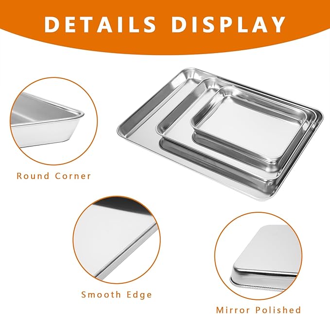 3 Pack Stainless Steel Baking Sheets - Non Stick Cookie Sheets & Pans for Oven, No Coating, Warp-Resistant & Dishwasher Safe, 9/12/16 Inch
