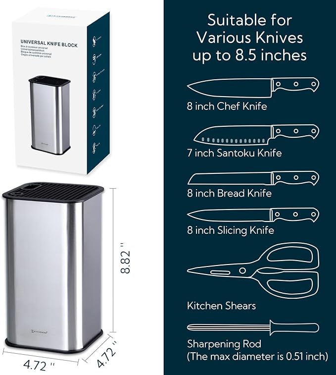 KITCHENDAO XL Stainless Steel Universal Knife Block Holder Without Knives, with Slots for Scissors and Sharpening Rod, Detachable for Easy Cleaning, Slotless Knife Holder Storage for Kitchen Counter