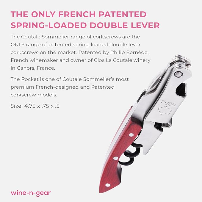 Pocket Prestige Waiters Corkscrew By Coutale Sommelier - Rosewood - French Patented Spring-Loaded Double Lever Wine Bottle Opener for Bartenders and Gifts - Sharp Micro-Serrated Knife