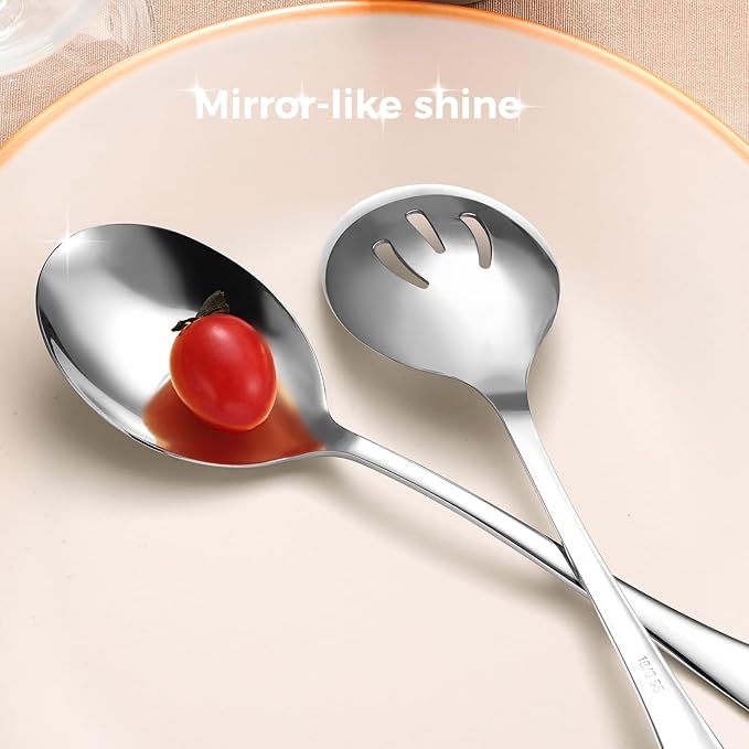 Stainless Steel Serving Spoons Set, 8pc, 10-Inch, Includes 4 Large, 4 Slotted, for Parties/Kitchen/Buffet/Catering, Dishwasher Safe