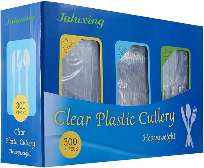 Cutlery Set Plastic Utensils Clear Forks Spoons Knives Disposable Silverware Heavyweight [300 Combo Box] (Formerly FULING)