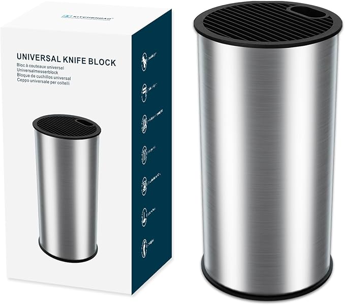 KITCHENDAO Universal Stainless Steel Knife Block,Round Kitchen Knife Holder without Knives, Modern Countertop Space Saver Knife Storage Stand with Slots for Scissors,Detachable for Easy Cleaning