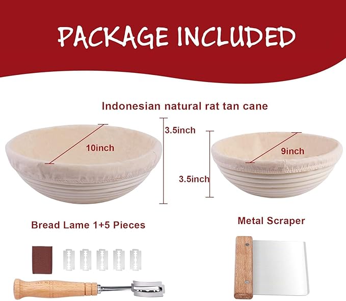 Bread Proofing Basket 2 Set 9 Inch and 10 Inch Round Proofing Basket with Bread Lame and Dough Scraper and Linen Liner Bread Making Tools for Professional and Home Bakers