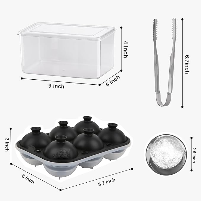 Samuelworld Large Ice Ball Mold with Lid and Bin, 2.5 Inch Ice Balls - Food Grade, Easy To Fill Round Silicone Ice Tray, Perfect Spheres Craft Ice Maker for Whiskey, Cocktails-Black (2 Pack)