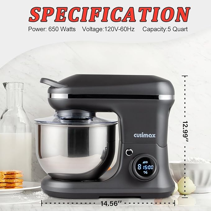 CUSIMAX Stand Mixer, Dough Mixer with Digital Switch Control Timer 15mins & 8-Speed, 5-Quart 650W kitchen Electric Mixer, Tilt-Head with handle, Dough Hook, Wire Whip & Beater, Grey