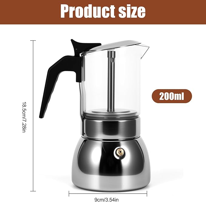 Stovetop Espresso Maker, 4Cup 200ML Stainless Steel Stovetop Italian Coffee Maker Transparent Glass Moka Pot, Coffee Maker Mocha Pot for Home Cafe Outdoor Office