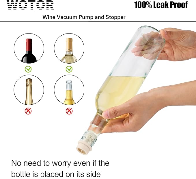 WOTOR Wine Saver Vacuum Pump with 4 Stoppers, Wine Stopper & Preserver, Reusable Bottle Sealer Keeps Fresh, Ideal Accessories Gift, Flat Handle (White)