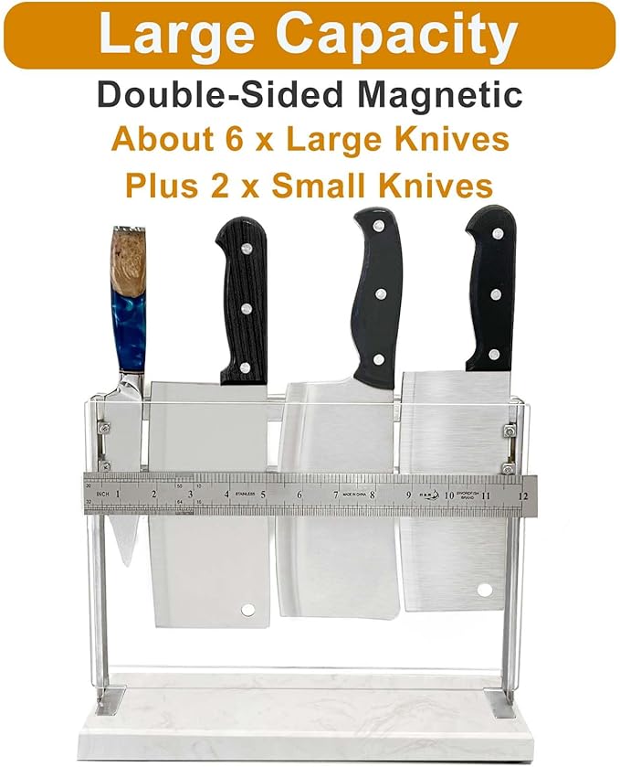 Acrylic Shield Magnetic Knife Block Holder - Marble Base Magnetic Knife Stand for Counter Top -Double Sided Magnetic Knife Holder -Stainless Steel Kitchen Knife Block without Knives -White
