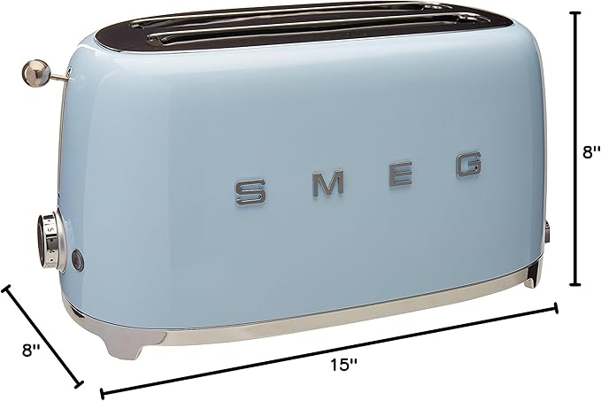 Smeg 50's Style Retro Aesthetic 4 Slice Toaster 6 Presets with 2 Extra Wide Slots, Pastel Blue