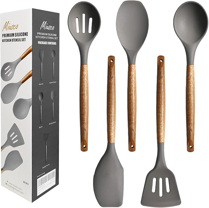 Kitchen Utensils Set, Silicone Cooking Utensils Set,Non-Stick Silicone Spatula Set with Natural Acacia Hard Wood Handle, 5 Piece, Upgraded Thickened Cookware