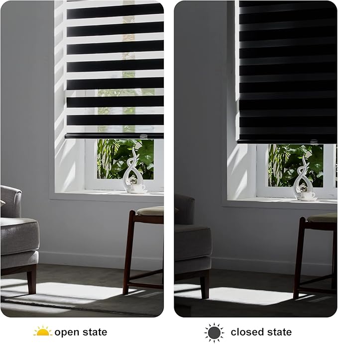 Persilux Cordless Zebra Blinds for Windows Free-Stop Roller Window Shades (35" W X 64" H, Black) Dual Layer Light Control for Day and Night, Light Filtering Sheer Shades for Home, Easy to Install