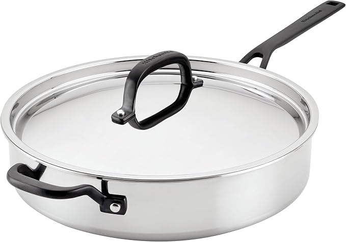 KitchenAid 5-Ply Clad Stainless Steel Stainless Steel Induction Saute Pan with Lid, 5 Quart - Polished Stainless Steel