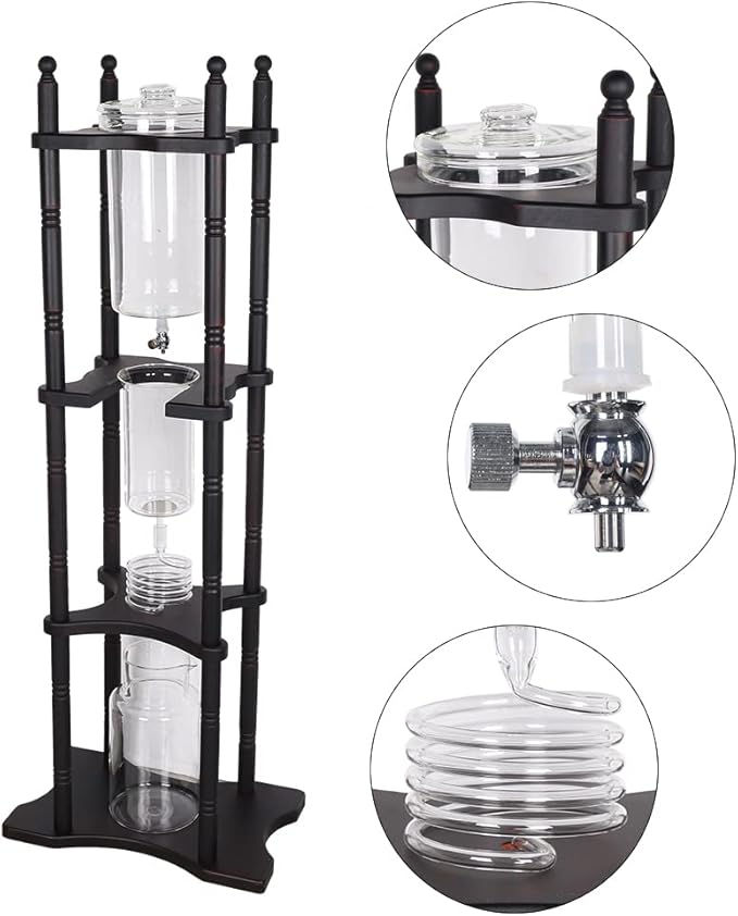 2500ml Cold Brew Coffee Maker, Large Capacity Ice Dripper Coffee Maker, Glass Dutch Coffee Dripper Ice Drip Coffee Tower With Stable Base, Portable Household With Pine Wood amd Handmade Glass