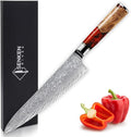 SENKEN Damascus Steel Chef's Knife - Tsunami Collection - 67-Layer Japanese VG10 Steel Core - Unique Blue Resin & Natural Wood Handle, Razor Sharp, Beautiful Damascus Wave Pattern (Red)