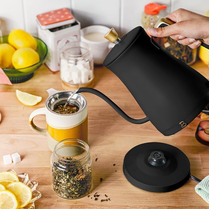 Beautiful 1L Electric Gooseneck Kettle, Precision Pour Spout, 1200W Fast Boil, Auto Shut-Off, Cordless, Stainless Steel, Tea & Coffee Maker with Ergonomic Handle, Matte Finish (Black Sesame)