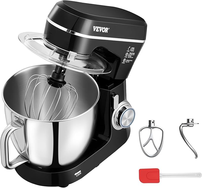 VEVOR Stand Mixer, 5.3QT + 4.4QT Two Stainless Steel Bowls, 10+P Speeds Tilt-head Food Mixer, Kitchen Mixer with Dough Hook, Wire Whip, Beater, Scraper, Household Stand Mixer for Baking Mixing, Black
