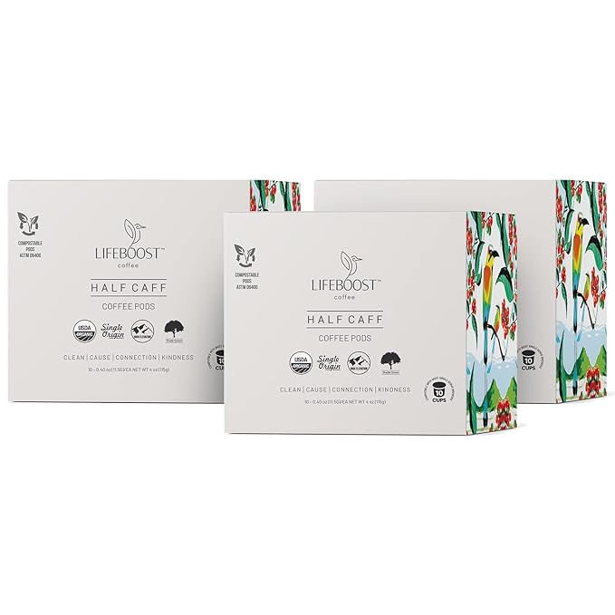 Lifeboost Half Caff Coffee K Cups - Low Acid Half Caff Coffee Pods - Single Origin Non-GMO Mold Free Pods Compatible with Keurig & Keurig 2 - No Mycotoxins or Pesticides - 10 Count (Pack of 2)