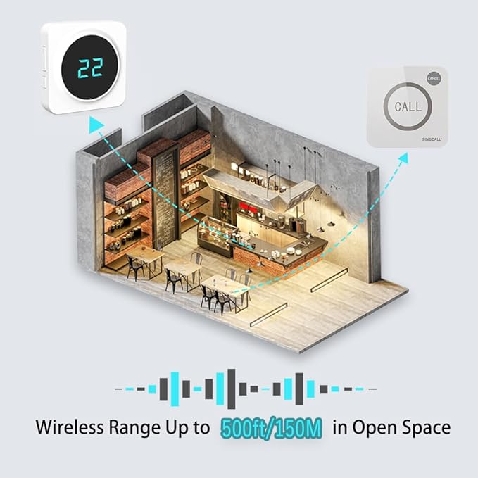 SINGCALL Restaurant Pager System Waiter Calling System Pagers and Beepers for Kitchen,Fast Food,Hotel,Restaurants,Cafe,Bar to Call Waiters 16 Waterproof Wireless Call Buttons 2 Number Display Receiver