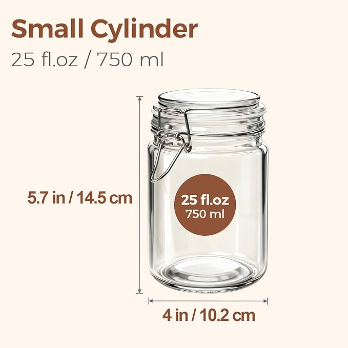 ComSaf Airtight Glass Canister with Lid Set of 6, 25oz Food Storage Jar, Mason Jars, Storage Container with Seal Wire Clamp Fastening for Kitchen Fermenting Preserving Canning Pasta Flour Cereal