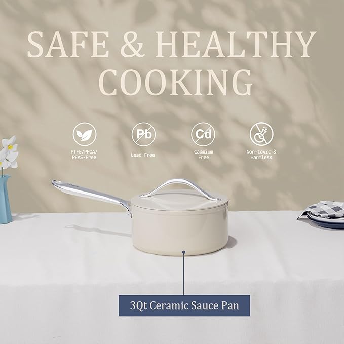 3.5QT Nonstick Ceramic Sauce Pan with Lid Soup Pot Even Heat Distribution, Non Toxic PFAS-Free Small Cooking Pot for All Stovetops (Induction/Gas/Electric), Oven Safe 500°F, Cream