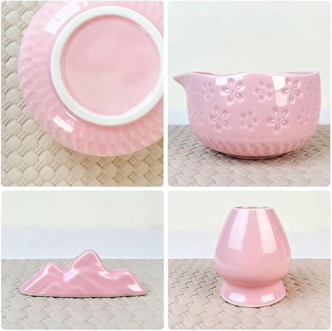 Matcha Set–7-Piece Set Including Matcha Bowl with Spout, Whisk, Chasen Holder, Sifter, Bamboo Scoop with Stand, wood spoon(Cherry Blossom Pink)–Perfect for Matcha Lovers&Tea Ceremonies