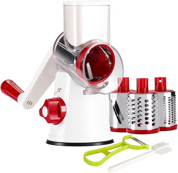 Ourokhome Rotary Cheese Grater Hand Crank, Kitchen Shredder Speed Mandolin Slicer Nuts Grinder with Handle and Drum Blades for Cheese, Vegetable, Chocolate, Potato, Carrot, 3 Blades, White Red