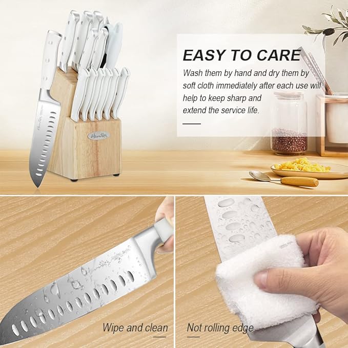 Harriet 14-Piece Knife Block Set, High-Carbon Stainless Steel Chef Knives with Triple Rivet Handles, Sharpening Steel & Multifunctional Shears | Santoku, Bread, Steak Knives & Wood Block