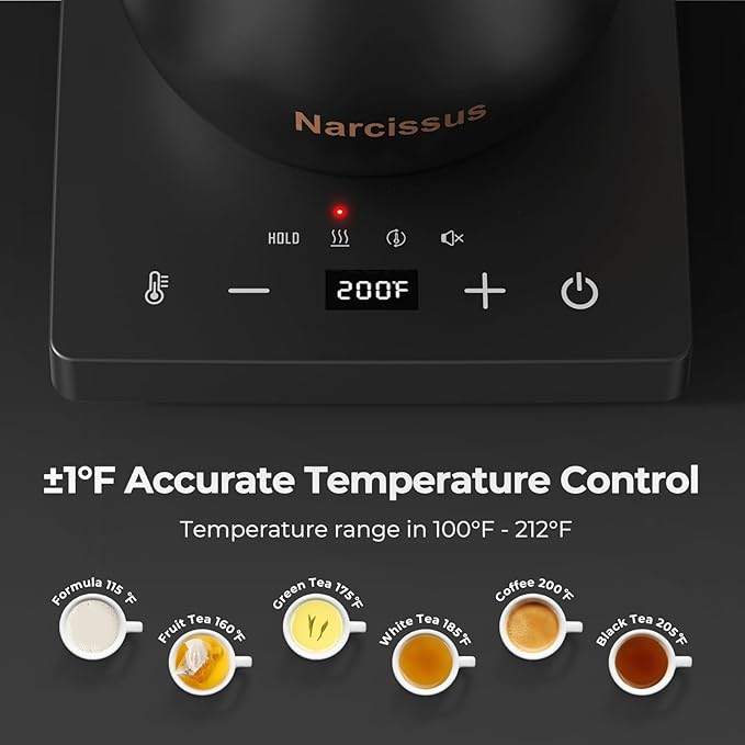 Narcissus P9 Gooseneck Electric Kettle with ±1℉ Temperature Control Function, 1200 Watt Rapid Boiling in 4 Mins, Max 6 Hours Keeping Warm, 304 Stainless Steel Interior - BPA Free, Black