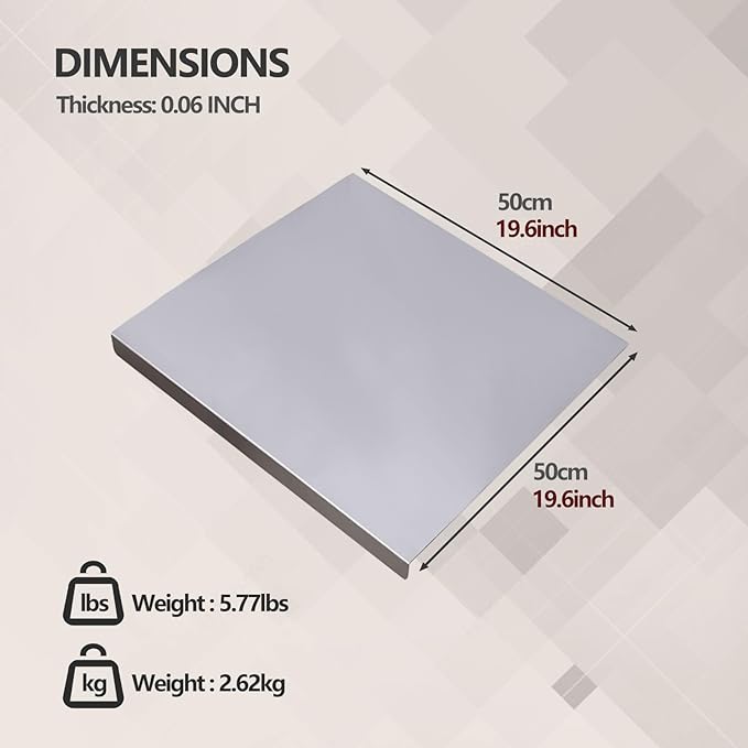 Stainless Steel Cutting Board for Kitchen - 304 Stainless Steel Chopping Boards for Baking, Double-Sided Use for Raw & Cooked Food - Ideal for Homemade Pasta, Pizza & Bread Making (19.6×19.6×0.06")