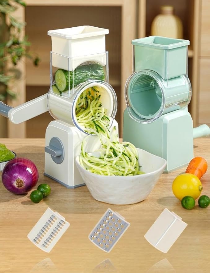 Rotary Cheese Grater with Hand Crank, Multi-Purpose Shredder Slicer with 3 Interchangeable Stainless Steel Blades for Shredding, Slicing, and Grating Cheese, Vegetables, and Fruit (Beige)