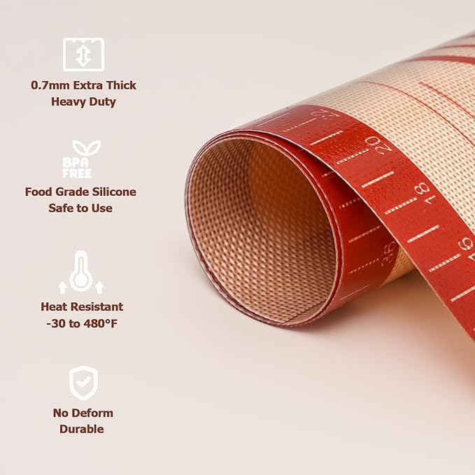Sapid Extra Thick Silicone Pastry Mat Non-slip with Measurements for Non-stick Silicone Baking Mat Extra Large, Dough Rolling, Pie Crust, Kneading Mats, Countertop, Placement Mats (20" x 28", Red)