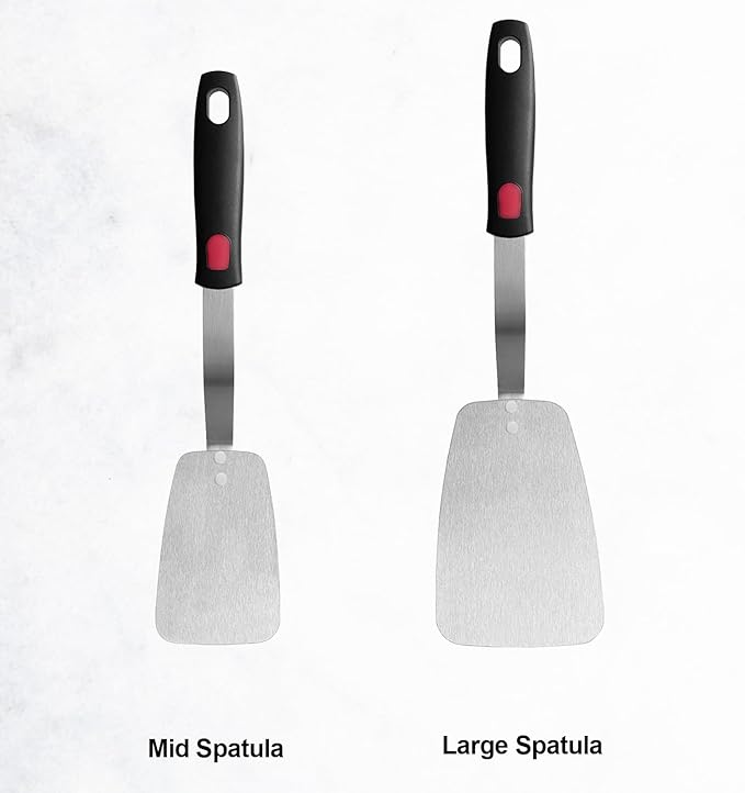 Stainless Steel Flexible Spatula Solid Turner, XiaoZu Thin Metal Spatula for Cast Iron Skillet, Thin Blade and Heat Resistant Silicone Handle, Great for Egg, Cookie, Meat, Crep, Medium + Large