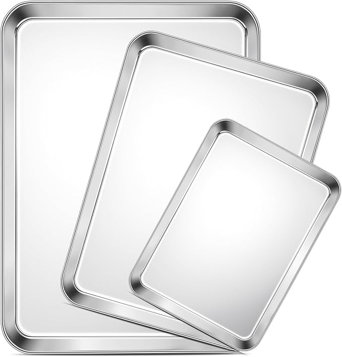 TeamFar Baking Sheet Set of 3, 16/12.5/9.3 Inch Stainless Steel Cookie Sheets Baking Pans, Metal Oven Baking Tray for Cooking Roasting Serving, Non-Toxic & Mirror Finish & Dishwasher Safe
