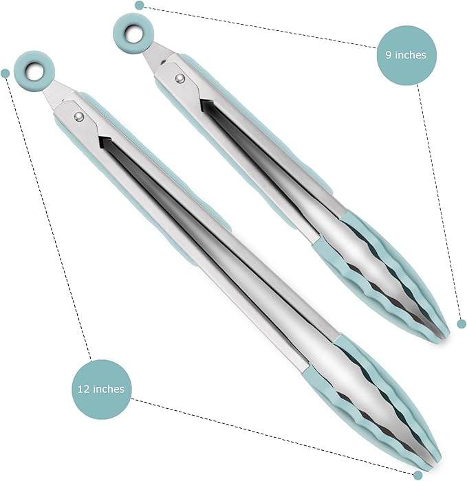 9-Inch & 12-Inch Cooking Tongs, Premium Silicone Set of 2 BPA Free Non-Stick Stainless Steel BBQ Grilling Locking Food Tong, Aqua Sky