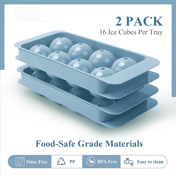 Round Ice Cube Mold,2 x 8 PCS x 1.8'' Whiskey Ice Cubes,Circle Ice Cube Tray with Lid and Bin,Sphere Ice Ball Maker Mold,Large Ice Cube Molds for Cocktails,Coffee(Whiskey Ice Cubes Mold,Blue)