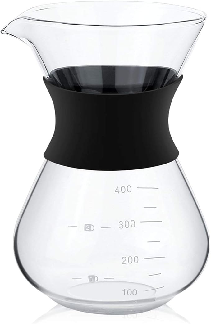 Joyzan Pour Over Coffee Maker, High-Heat Paperless Glass Drip Dripper Brewer Carafe with Reusable Stainless Steel Filter Scale Line Paperless Removable Portable Pot Set Clear Camping Hiking 400ML