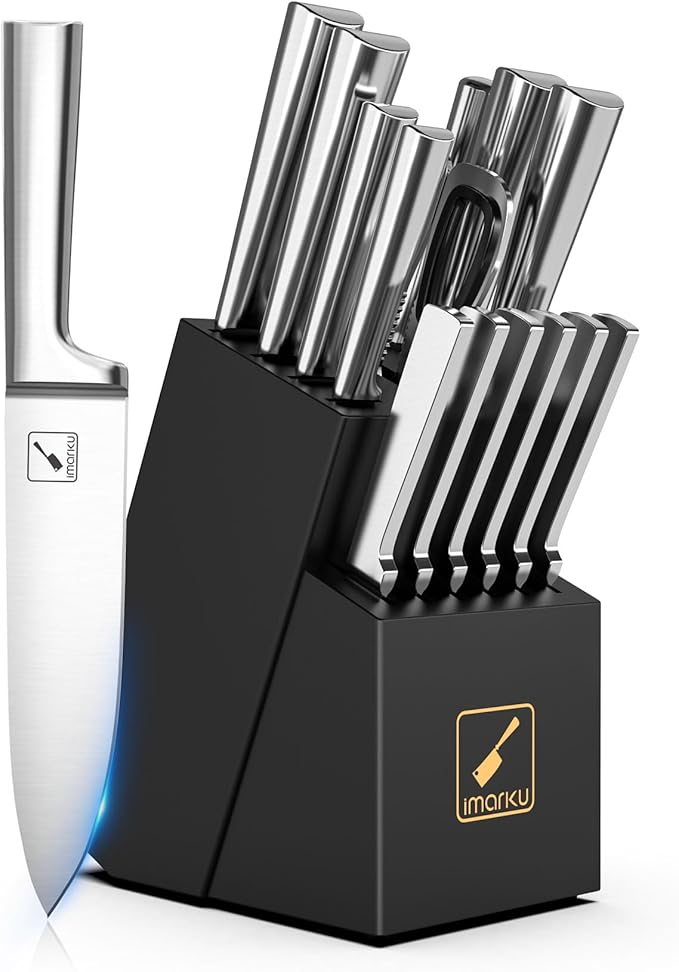 imarku Knife Set - 15PCS Kitchen Knife Set Japanese High Carbon Stainless Steel Knives Set for Kitchen, Dishwasher Safe Ultra Sharp Professional Chef Well Balance Knife Block Set, Black