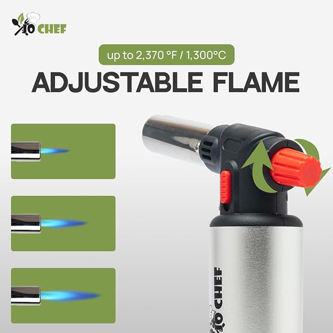 Jo Chef Kitchen Torch With Butane included, Refillable Butane Torch, Creme Brulee Torch, Blow Torch Lighter gun With Safety Lock & Adjustable Flame, 3 Cans (3.38oz) Included