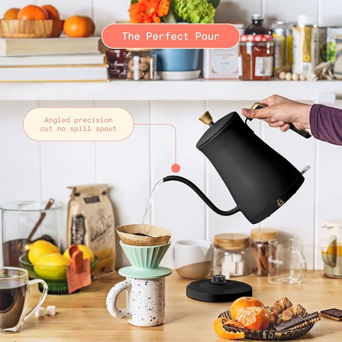 Beautiful 1L Electric Gooseneck Kettle, Precision Pour Spout, 1200W Fast Boil, Auto Shut-Off, Cordless, Stainless Steel, Tea & Coffee Maker with Ergonomic Handle, Matte Finish (Black Sesame)