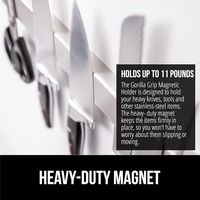 GORILLA GRIP Stainless Steel Magnetic Knife Holder for Wall, 24 Inch, Multi-Purpose Magnet Bar for Knives, Tools, Art Supplies, Heavy Duty Strip Holds Up to 6 lbs, Kitchen Organizer, Drilling Required