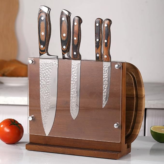 Magnetic Knife Block with Acrylic Shield, Double-Sided Kitchen Knife Holder, Acacia Wood, Universal Storage Organizer