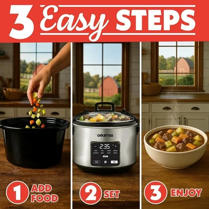 Gourmiia 4.5 Qt Programmable Slow Cooker with 5 Presets, Slow Cook, Digital Timer, Keep Warm Function, Nonstick Interior, Dishwasher Safe (Stainless Steel)