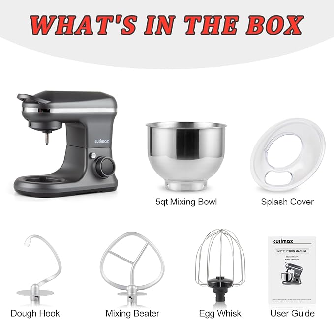 CUSIMAX Stand Mixer, Dough Mixer with Digital Switch Control Timer 15mins & 8-Speed, 5-Quart 650W kitchen Electric Mixer, Tilt-Head with handle, Dough Hook, Wire Whip & Beater, Grey