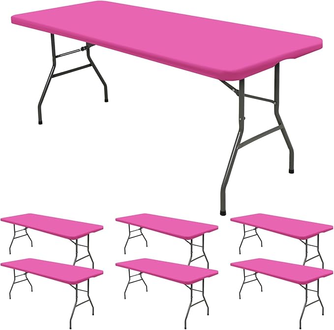 6 Pack Fitted Tablecloth for 8 Foot Rectangle Tables, Hot Pink Elastic Outdoor Picnic Table Cover, Washable Stretch Folding Table Cloths 8 ft for Camping Party Patio Kitchen Banquet, 30" W x 96" L