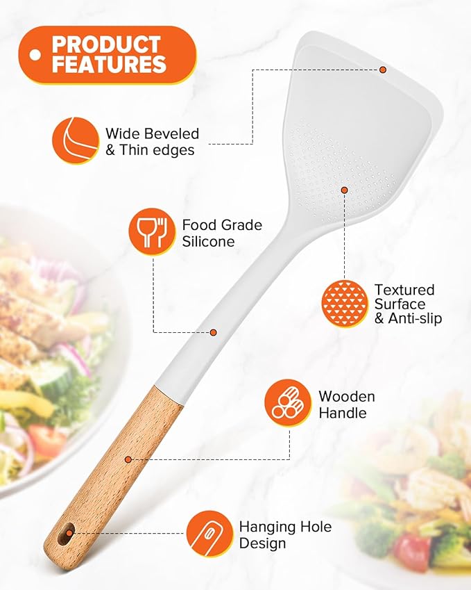 Silicone Wok Spatula Turner Set, Perfect for Scooping, Flipping, Lifting Pancakes and Picking up Veggies, BPA-Free Matte Silicone, Wooden Handles, Safe for Nonstick Cooking Surfaces (White)