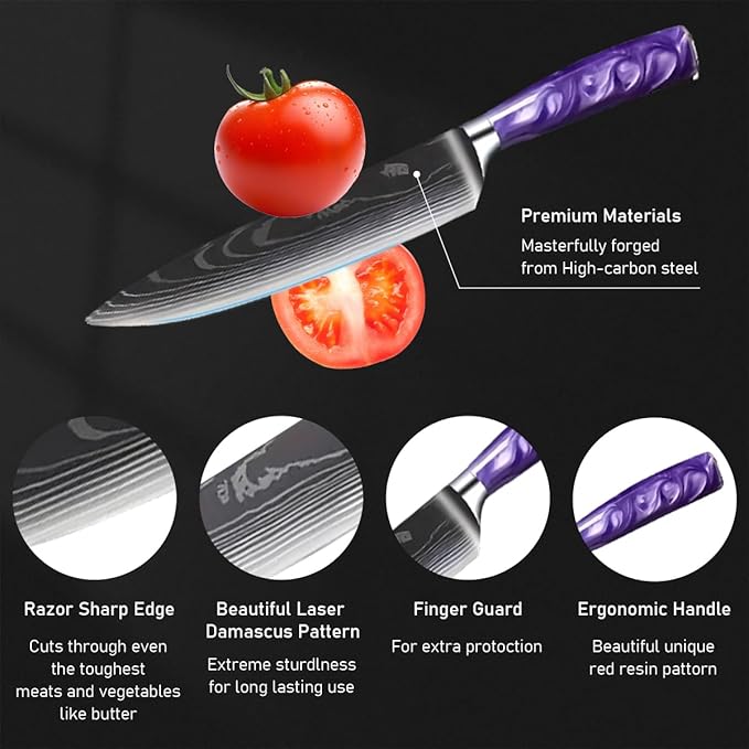 8-Piece Premium Japanese Kitchen Knife Set - Imperial Collection, Laser Damascus Pattern, 440A Stainless Steel Ultra Sharp for Fast Cutting (DMS-8A-Purple)