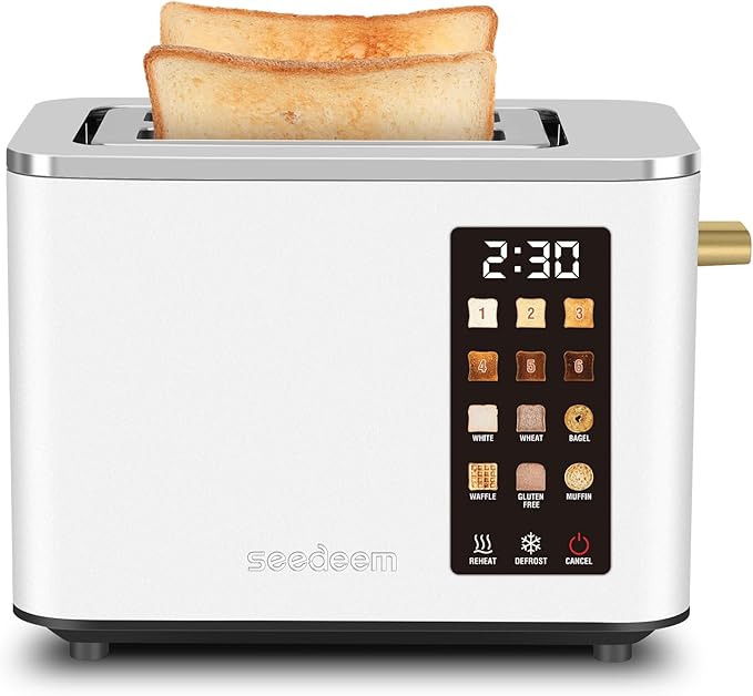 SEEDEEM Toaster 2 Slice, Touch Control Screen, Smart Stainless Toaster, 6 Shade Setting, 6 Bread Selection, Countdown, Removable Crumb Tray, 900W, Pearl White
