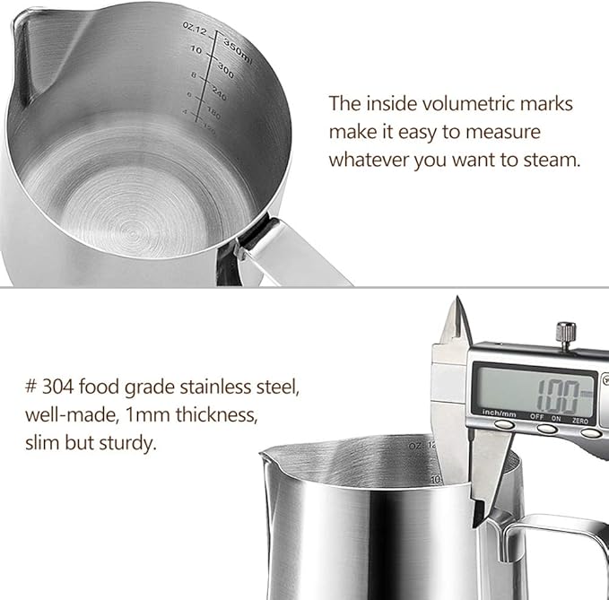 HOOMIL Milk Frothing Pitcher, 12oz/350ml Stainless Steel Steaming Pitcher Barista Milk Frother Cup Jug for Espresso Machine Coffee Cappuccino Latte Art - Silver