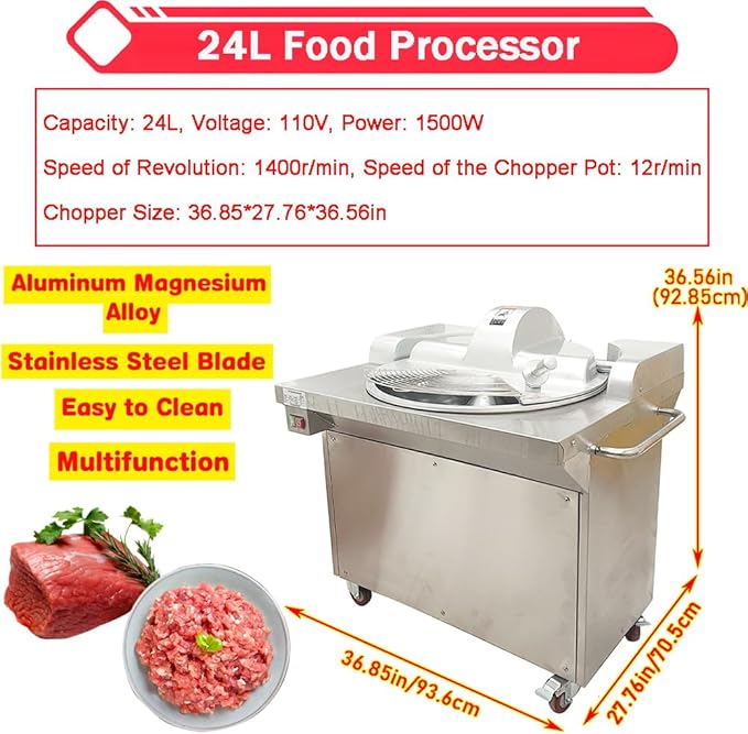 110V 24L Commercial Food Chopper Processor 1500W Electric Meat Vegetable Grinder Blender Multifunctional Food Cutter for Meat Vegetables Fruits Ginger Garlic 1400r/min
